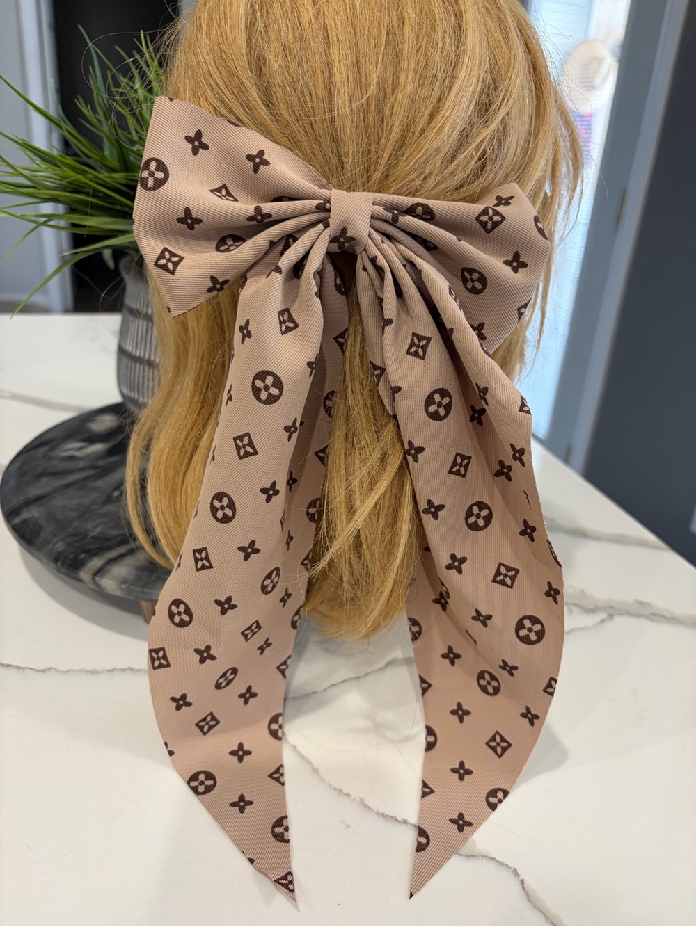 Monogram Pattern Beige Bow Hair Scarf
